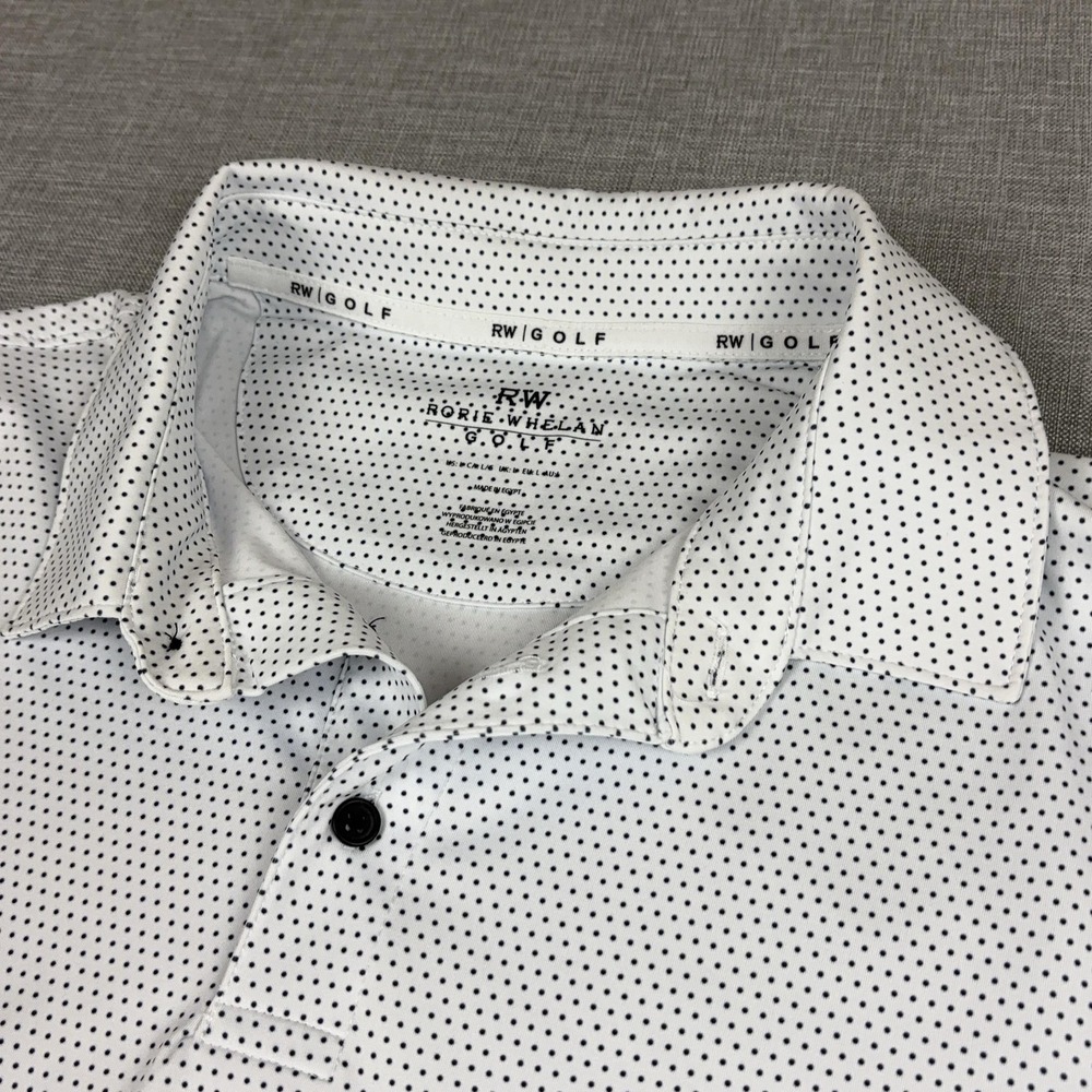 Rorie Whelan Polo Shirt Mens Large White Polka Dot Spandex Golf Short Sleeve
